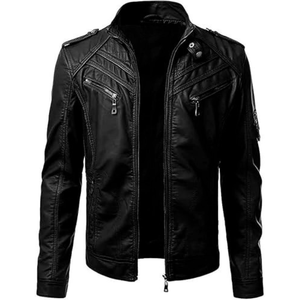 Chaqueta de Cuero Original Negra para Hombre, Estilo Motero, Corte Ajustado, Cierre de Cremallera, Cuello Alto, Largo Regular, Color Sólido, Estilo Moto, para Otoño - Product Image 1
