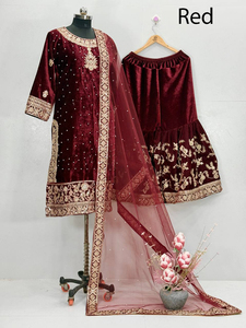 ชุดเดรสกำมะหยี่ PinkCityBlocks Sharara Anarkali พร้อมผ้าคลุมไหล่ ประดับเลื่อมปักลาย งานปักคุณภาพสูง แบบกลับด้านได้ ตัดเย็บสำเร็จพร้อมใส่ - Product Image 2