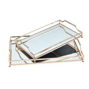 Plateau décoratif en métal doré de luxe, orné de miroirs, ornements en cristal, plateau de rangement pour bijoux, centre de table de mariage, plateau pour cosmétiques et parfums - Product Image 4
