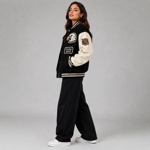 Veste de sport Oxytag, style varsity, noire et crème, avec broderie animale, manches longues, coupe classique, pour femme, vêtements d'automne, prix avantageux - Product Image 4