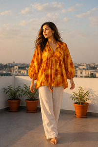 Boho Mustard Tie Dye Printed <b>Tunic</b> Top Women V-Neck Collar Loose <b>Beach</b> Wear Casual Peplum Shirts Summer Boho Blouse Cotton - Product Image 4