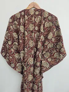 Vestido Kaftan Maxi con Estampado Floral en Bloques Marrones Estilo Boho Chic, Cuello en V, Corte Holgado, Algodón, Informal, para Vacaciones y Playa - Product Image 4
