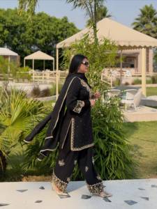 Designer Zari Embroidery With Sequence And <b>Pearl</b> Moti Work French Crepe <b>Top</b> With Plazzo Bottom And Dupatta Fully Stitched Set - Product Image 3