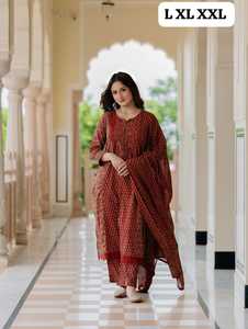 Conjunto de Traje de 3 Piezas con Estampado Floral de Algodón 100% Puro de Primera Calidad para Mujer |   Kurta Hecha a Mano con Bolsillo, Pantalón Estampado a Juego y Dupatta - Product Image 4