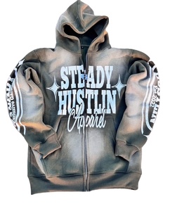 Fabricante personalizado lavado con ácido de dos piezas conjuntos de los hombres de la cremallera pantalones de chándal holgados Sun Faded Rhinestone Sudadera con capucha desgastada de talla grande - Product Image 4