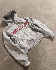 Custom Oversized Grey <b>Zip</b> Up Hoodie Gothic Graphic Print French Terry Cotton Streetwear Full <b>Zip</b> <b>Hooded</b> Sweatshirt for Men - Product Image 3