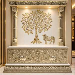 Handmade <b>Marble</b> Pooja Mandir 56 Ft Premium Hindu Temple Home Shrine Intricate Carved Pillars Gold Antique Finish <b>Tree</b> Wall - Product Image 5