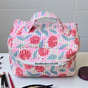 Floral Quilted Bohemian Cotton Fabric Cosmetic <b>Case</b> Medium Size Zipper Closure Soft Handle Reusable Lightweight Portable Makeup - Product Image 3