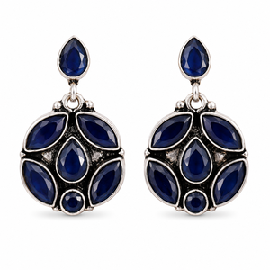 Pendientes Colgantes Hechos a Mano con Zafiro Azul y Flores Étnicas, Bañados en Plata Antigua, de Fabricante Verificado, Elegantes, con Engaste de Bisel, Regalo para Fiesta - Product Image 1