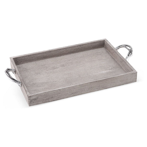 Atractiva Bandeja de Servir Rectangular de Madera Gris con Asas Metálicas, Estilo Rústico, para Mesa de Centro, Otomana o Decoración del Hogar - Product Image 1