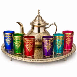 Juego de Té Marroquí de Lujo Multicolor con Tetera de Aleación de Aluminio Plateada, 6 Vasos Multicolor y Bandeja Plateada en Caja de Regalo - Product Image 2