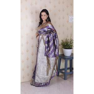 <b>Elite</b> Weaves Lavender Soft Silk Banarasi Jaal Meenakari Zari Woven Evening Saree 650g - Product Image 3