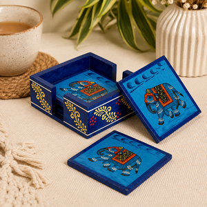 Ensemble de dessous-de-verre carrés en bois faits à la main Indirae Artistry avec support |   Design oriental, antidérapant, léger, en provenance du Rajasthan - Product Image 6
