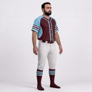 Ensemble uniforme de baseball pour hommes, maillot bordeaux et bleu clair, pantalon rayé, manches courtes, fermeture boutonnée, respirant, toutes saisons - Product Image 3