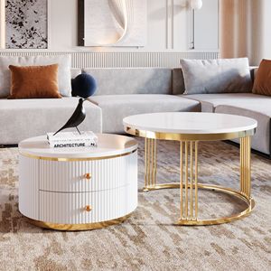 Modern 2-Piece <b>White</b> <b>Round</b> Nesting Coffee <b>Table</b> with Drawers 27.6" - Product Image 5
