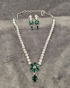 Floral Pattern Center Piece American Diamond Pear Drop Shape Accent Necklace <b>Set</b> With Dangle Earrings Festive Party Wear Jewelry - Product Image 6