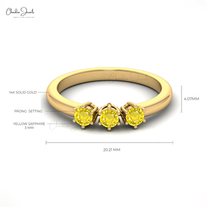 แหวนพลอยแซฟไฟร์สีเหลืองทรงกลมขนาด 3 มม. แบบฝังหนามเตย 3 เม็ด แหวนทองคำแท้ 14K สำหรับงานแต่งงาน แหวนซ้อนกันได้ ขายส่ง - Product Image 2