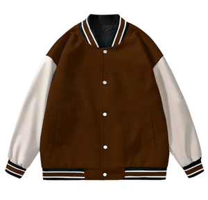 Chaqueta Varsity Marrón y Blanca para Hombre, Cuello Camisero, Cierre de Botones, Estilo Preppy, Otoño, Corte Regular, Diseño de Parches de Color Sólido - Product Image 1