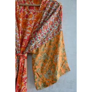Kimono de Seda con Parches, Estilo Boho, Largo, para Dormir, Hecho a Mano, Talla Grande, Transpirable, con Estampado Floral Otoñal - Product Image 4