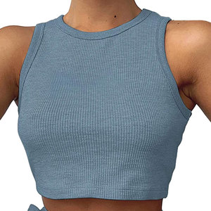 Women's 2 Piece Rib <b>Knit</b> <b>Set</b> Sleeveless Crop Top With Drawstring Shorts Solid Color Casual Spring Summer Wear - Product Image 3