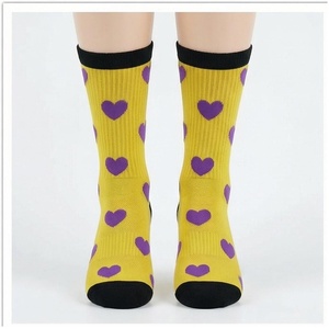 Yellow Crew <b>Socks</b> With Purple Heart Pattern Breathable Knitted <b>Socks</b> For Adults Spring Casual Wear - Product Image 1