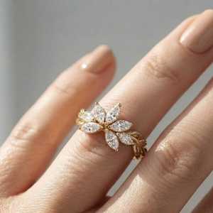 แหวนรูปทรงดอกไม้ประดับเพชรทรงมาร์คีส์ ดีไซน์กิ่งไม้ ทองคำแท้ 14k เพชรเพาะเลี้ยง เหมาะสำหรับงานปาร์ตี้ ของขวัญเซอร์ไพรส์สำหรับคนรัก - Product Image 4