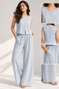 Conjunto de 2 piezas de algodón para mujer, top sin mangas con botones y pantalones de pierna ancha, colores sólidos, casual, primavera-verano, corte regular. - Product Image 2