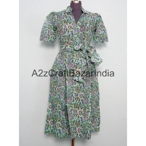 Vestido de Verano Midi para Mujer, Hecho a Mano, Estampado Floral Indio Kangura, de Algodón, Ecológico, con Encaje, Transpirable, Corte en A - Product Image 1