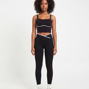 Leggings sans couture taille basse pour femme avec passepoil contrastant, extensibles, effet ventre plat, pour le yoga, l'entraînement, la gym, la course et le fitness - Product Image 1