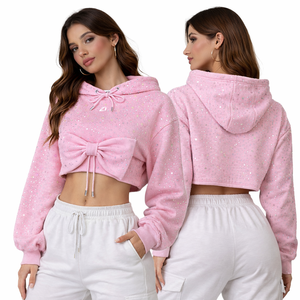 Sudadera con capucha corta rosa de moda con detalle de lazo, de algodón polar, tela brillante, estilo urbano, personalizada para mujer - Product Image 1