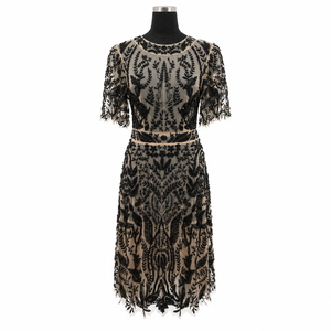 Womens Black Lace Embroidered Midi Dress Nude Lining Round Neck Short Sleeve Elegant Cocktail Wedding Party Formal Scalloped - Product Image 1