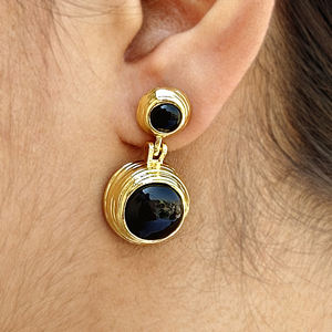 Pendientes Colgantes de Latón Sólido Chapado en Oro de 18k con Doble Ónix Negro, Cabujón Liso y Atrevido, Joyería de Declaración con Cierre de Mariposa para Mujer - Product Image 5