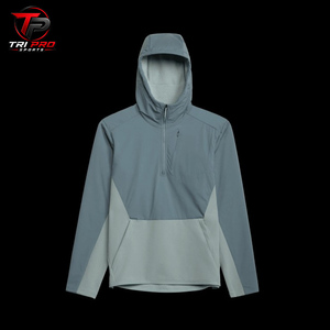 Sudadera de Caza para Hombre, de Forro Polar, Bicolor Azul Pizarra Sólido y Gris Claro, con Cremallera de Cuarto, Capucha Integrada y Cremallera Vertical en el Pecho - Product Image 3