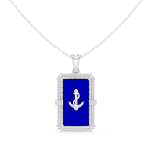 Collier pendentif ancre en or jaune 14 carats avec diamant de laboratoire et émail bleu lapis, plaqué rhodium, bijoux unisexe - Product Image 2