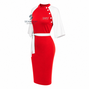 Delta |   Sigma |   Vestido Midi Ajustado de Mujer Theta con Bloques de Color en Contraste Rojo y Blanco, Manga Capa, Detalle de Botones y Lazo en la Cintura - Product Image 2
