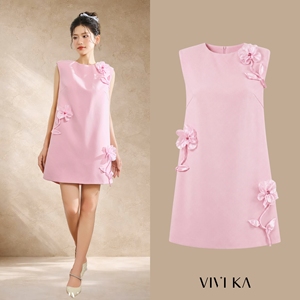 Women's Sleeveless A-Line Mini <b>Dress</b> with Handmade Draped Floral Pink Feminine Casual Party <b>Dress</b> BLOOM - Product Image 1