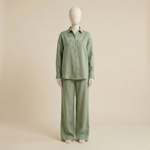 Ensemble décontracté 2 pièces pour femme 100 % coton, vert uni, chemise et pantalon coupe ajustée, col à capuche, manches longues, style hiver - Product Image 1