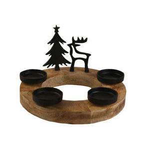 Support à bougies chauffe-plat en bois avec décor renne noir et sapin pour Noël, utilisation intérieure, forme ronde, quatre coupelles à bougies pour la maison - Product Image 1