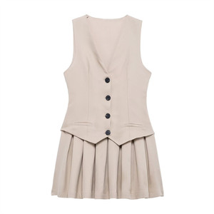 Chaleco Corto Plisado de 6 Colores, Primavera 2026, Cuello en V, Sin Mangas, Estilo Traje a Rayas con Botones Cubiertos - Product Image 4
