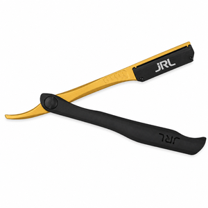 Navaja de afeitar recta JRL negra y dorada con mango antideslizante para uso en barberías - Product Image 1