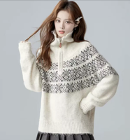 Pull en tricot de Noël pour femmes, cardigan jacquard Fair Isle, col roulé entièrement zippé, hiver, fabrication OEM personnalisée, vente en gros