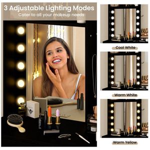 "Wooden Lighted <b>Makeup</b> Vanity Set with 3 Color LED <b>Mirrors</b> Charging Station Foldable Table Cushioned Stool" - Product Image 2