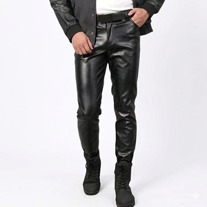 Men's High Quality Lightweight Skinny Shiny PU Leather Sweatpants <b>Button</b> Fly High Waist Elastic Waterproof Breathable <b>Gold</b> Black - Product Image 1