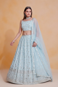 <b>Light</b> Blue Georgette Lehenga Choli Set Zari Sequence Embroidered Semi Stitched <b>Net</b> Dupatta Wedding Party Wear - Product Image 4