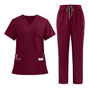 Conjunto de uniforme médico unisex Harry Johnson color borgoña: blusa con cuello en V y pantalones con cordón y bolsillos, con detección de agujas y fusión sin costuras. - Product Image 1