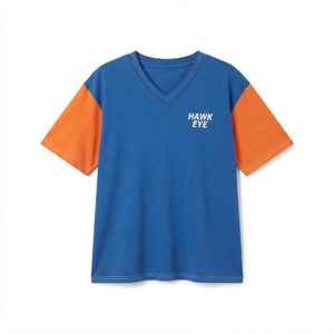 Camiseta Oversize de Mujer Hawk Eye con Bloques de Color Azul y Naranja, Cuello en V, Ajuste Holgado, 100% Algodón Jersey, Estampado de Logo - Product Image 6