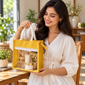 Sac de shopping en jute de haute qualité premium |   Sac fourre-tout réutilisable écologique avec fenêtre transparente en PVC, fermeture éclair, poignée en coton doux, taille et couleur personnalisées - Product Image 1