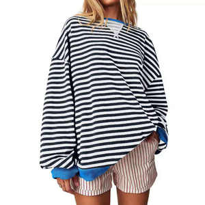 <b>White</b> Rust Crew Neck <b>Sweatshirt</b> with Horizontal Stripe Pattern Loose Cut Long Sleeves Contrast Cuff Hem Trim Logo Customization - Product Image 2