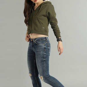 Sudadera con capucha corta verde oliva para mujer, informal, de manga larga, con cordón ajustable. - Product Image 5