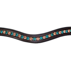 Diadema para Caballo de Cuero de Grano Completo de Primera Calidad con Logotipo Personalizado y Cadena de Cristales Azules y Dorados Alternados - Product Image 6